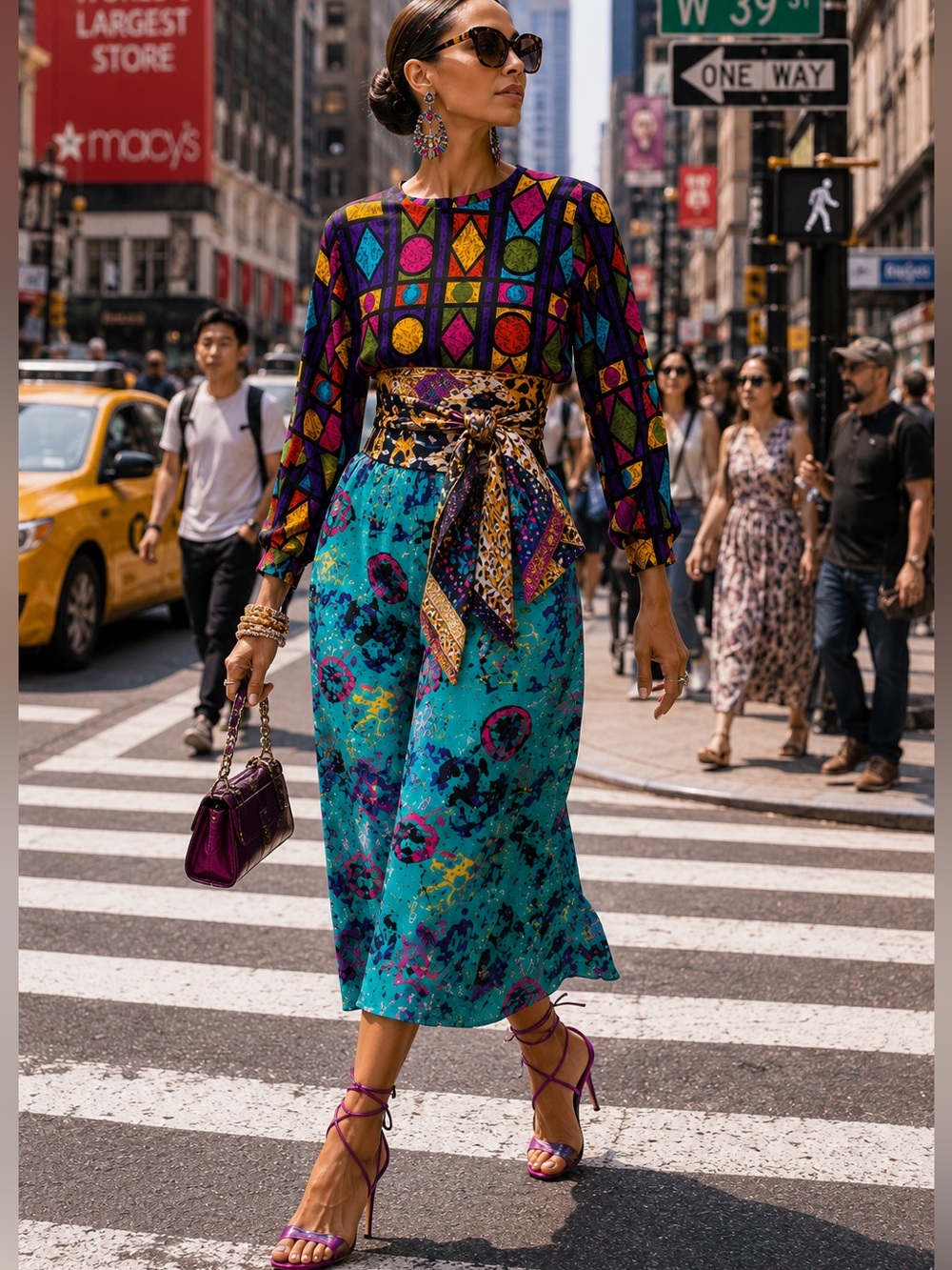 Vintage Colorful Geometric Print Long Sleeve Blouse BY Christine David